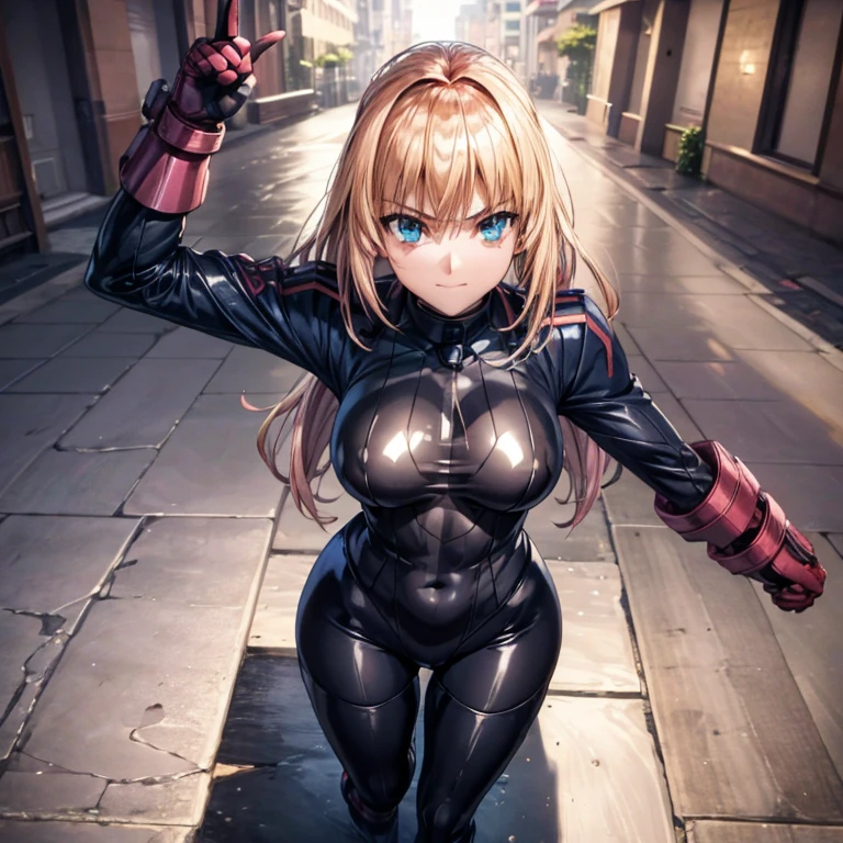 Super detailed, explicit, beautiful body, beautiful nose, beautiful character design, perfect eyes, perfect face, ultra high resolution, 4k, beautiful feet, perfect legs, nice hands, perfect hands, masterpiece, highest quality, very detailed, figure, disorganized, Street Fighter, Doll Suit, Shadaloo Doll, doll suit, No expression, empty eyes, looking at the viewer, red gloves, emotionless, black latex, corruption, Mind control, female combatant, full body, Hypnosisにかかった, Unfortunate trance, full body suit, Ribbed bodysuit, Arms at your sides, follow, perfect female body, extremely glossy latex, Hypnosis, Hypno Lola, empty eyes, Mind control装置, Pauses, Obedient_Pause, slave, have, tie, Are standing, Are standing up straight, 注意してAre standing, have, yellow tie, belt, latex, Ribbed bodysuit, Thighhighs, garter belt, combat readiness, Extend your right arm from your shoulder and reach your hand out into the air., army, thigh boots, alone, Classroom of the Elite, ichinose honami, pink blonde hair, blue eyes, long hair, big breasts, evil smile, With an evil smile