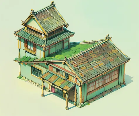 Hand painted illustration with marked strokes.,una casa antigua japonesa,, isometric, aerial view, de cerca,
