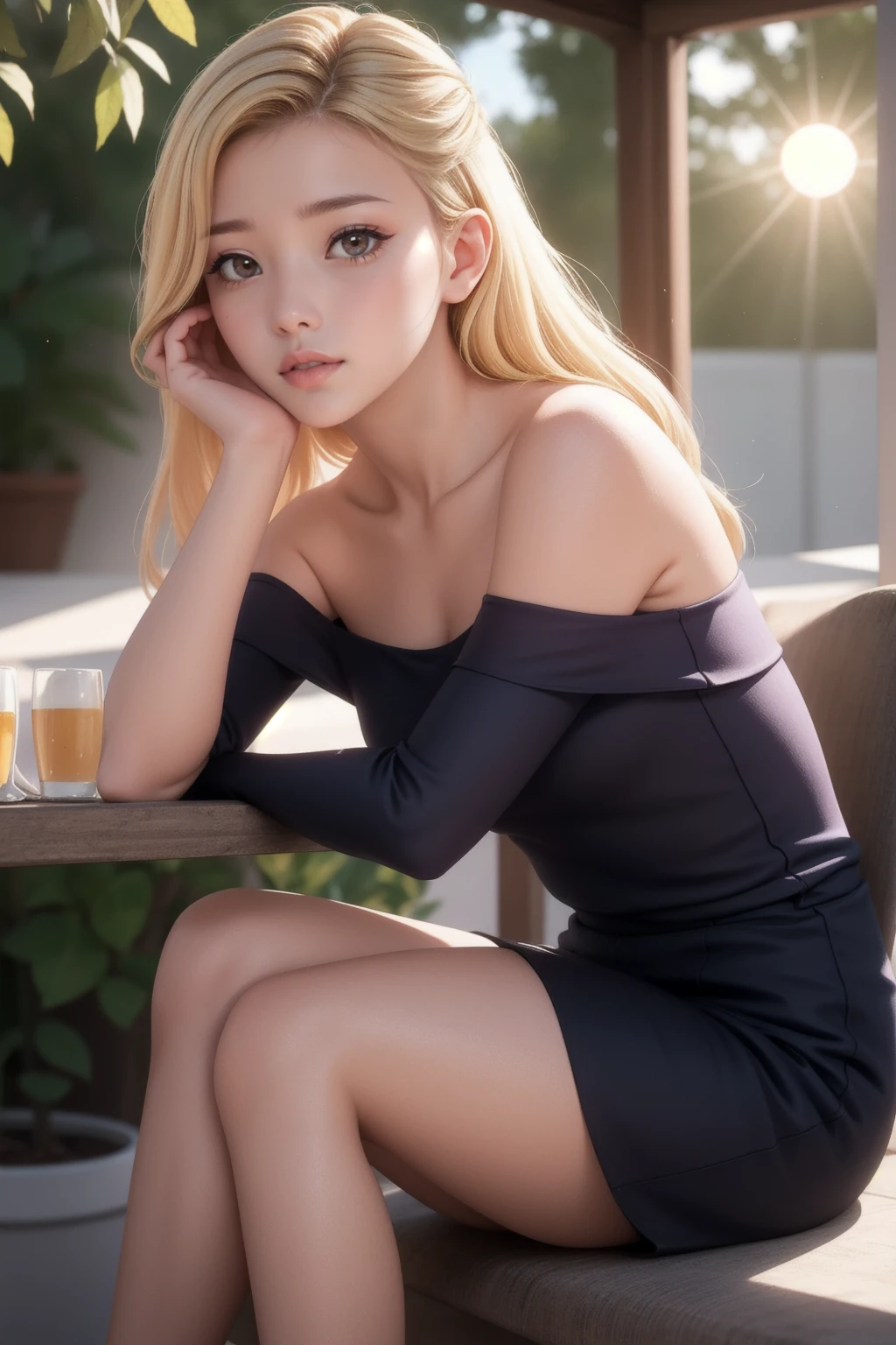 realistic, lonely girl, blonde, Red eyes, sparkling eyes, parted lips, blush, Sun, Sunlight, off the shoulder, is sitting