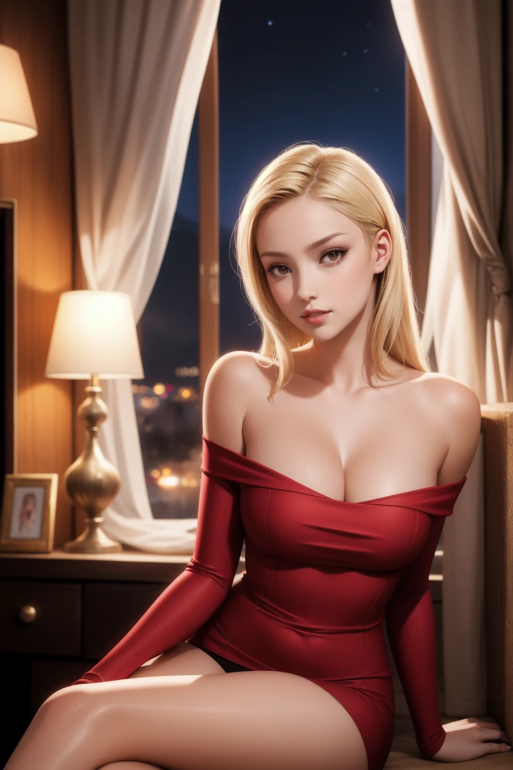 realistic, girl alone, blonde, Red eyes, sparkling eyes, parted lips, night, is sitting, sexual, sexual, a vampire, a vampire, off the shoulder