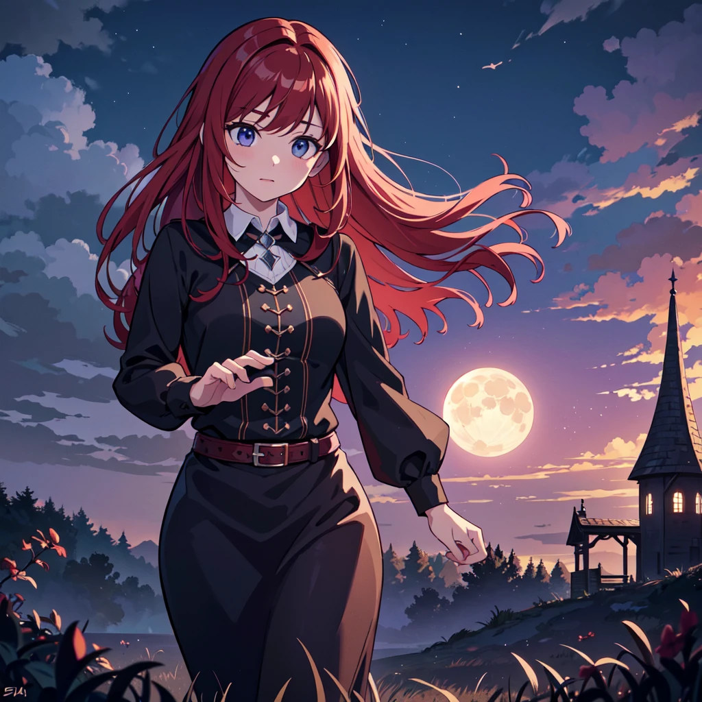 The prompt for Stable Diffusion generation is as follows:

"Witch,RPG,Sorceress,Magic,Red-haired Woman,reaching for a crow,night background,(best quality,4k,8k,highres,masterpiece:1.2),ultra-detailed,(realistic,photorealistic,photo-realistic:1.37),digital illustration,spooky atmosphere,dramatic lighting,vivid colors,moonlit scenery"