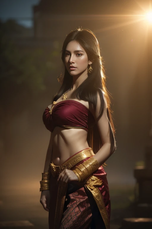 beautiful girl ,Thai Women&#39;s Warriors, walking at thai measure, dynamic poses, Thai Chut Set, Strapless shirt, long hair,black eyes,abdominal muscles, plump body, rounded chest, (big breast:1.2), rift, morning sun, staring at the audience, (sexy poses), ((face details)), Double eyelids, finished, realistic, Masterpiece, Highest quality, lens flare, shade, old measure, measure, [[Chromatic aberration]], By Jeremy Lipking, By Antonio J.. Manzanedo, digital painting, HDR, high contrast
