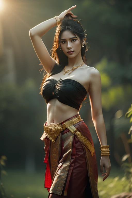 hermosa chica ,mujeres tailandesas&#39;s guerreros, walking at thai medida, poses dinámicas, Conjunto de chut tailandés, Camisa de tirantes, pelo largo,ojos negros,Músculos abdominales, cuerpo regordete, pecho redondeado, (pecho grande:1.2), Grieta, sol matutino, Mirando a la audiencia, (poses sexys), ((detalles de la cara)), párpados dobles, finalizado, Realista, obra maestra, de la máxima calidad, Destello de lente, sombra, old medida, medida, [[aberración cromática]], por Jeremy Lipking, By Antonio J.. Manzanedo, pintura digital, hdr, alto contraste
