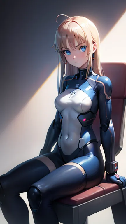 N Radio Wave, 1 girl, alone, robot, cyborg, Very obvious, simple background, blue eyes, Front view, belly button, sitting in a c...