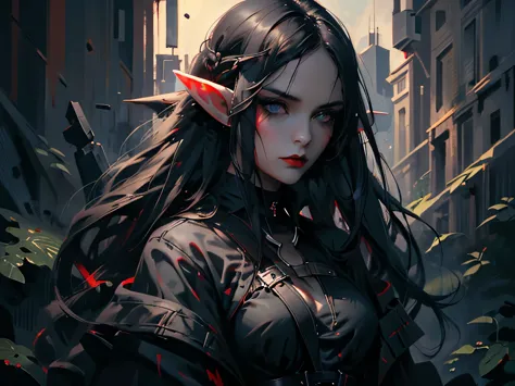 female elf, long black hair, blue eyes, black gothic choker, red jacket, black shirt, red lips, black makeup