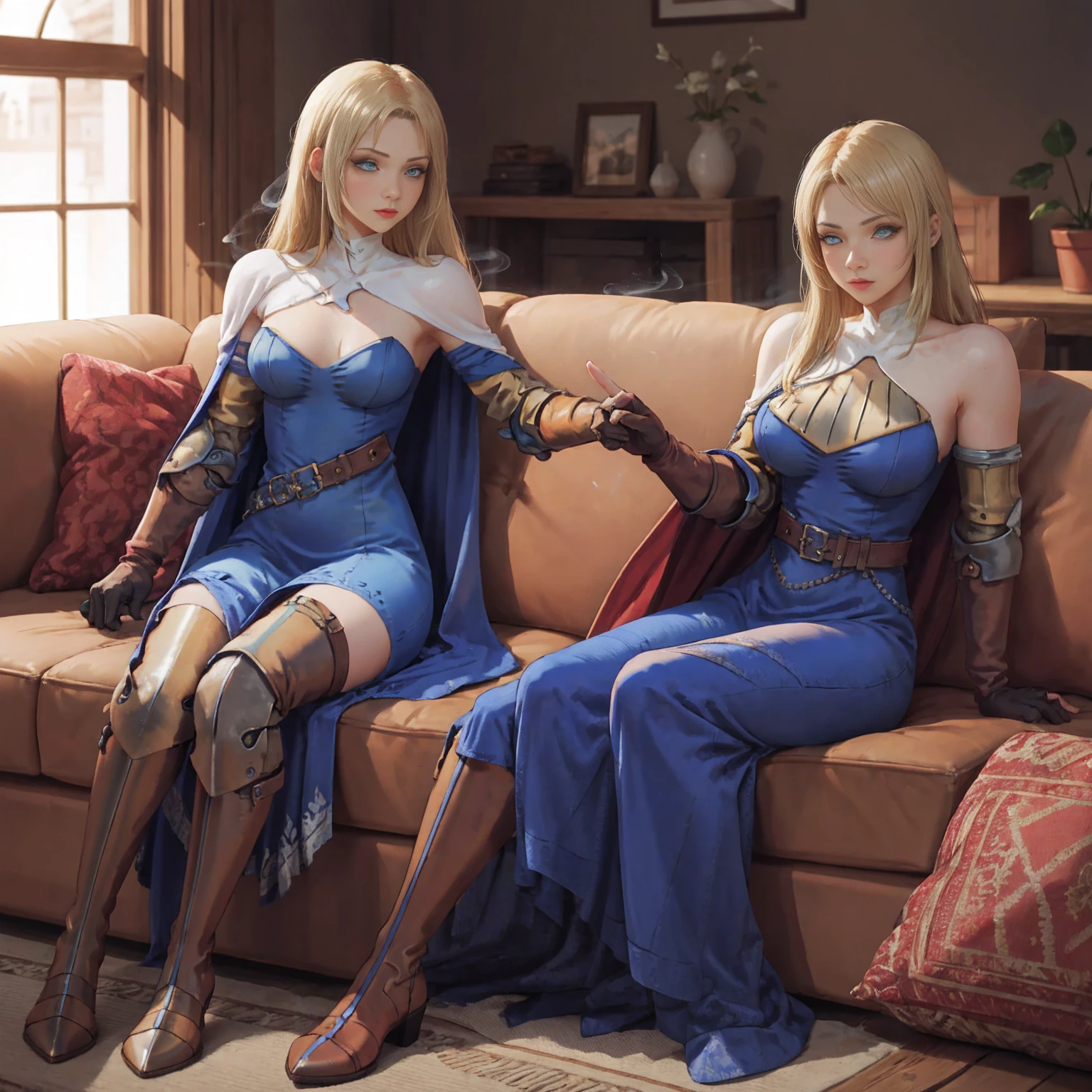 shadow clone, clone, ((smoke)), hand gesture, 5girls (Female Knight (Final Fantasy Tactics)), 1girl , indoor, sofa, pillows, buildings full body, long blonde hair, blue dress big belt knight outfit clothes Female Knight (Final Fantasy Tactics) (KnightFFT, long hair, blonde hair, blue eyes, cape, armor, blue dress, belt, gloves, boots,), hyuuga hinata sits on sofa, dark blue hair