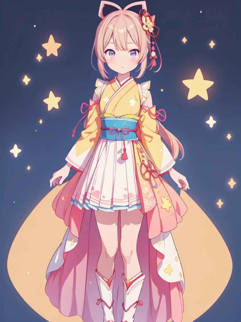 1girl、vtuber-fullbody、Star Fairy、masterpiece、official art、Super detailed、super beautiful、かわいいStar Fairy、white straight short hair、Milky Way、universe、star charm、Star、baby face、Knee-high boots、Japanese pattern dress、A remake of a black and navy yukata、universeを思わせるOiranフリルドレス、Oiran