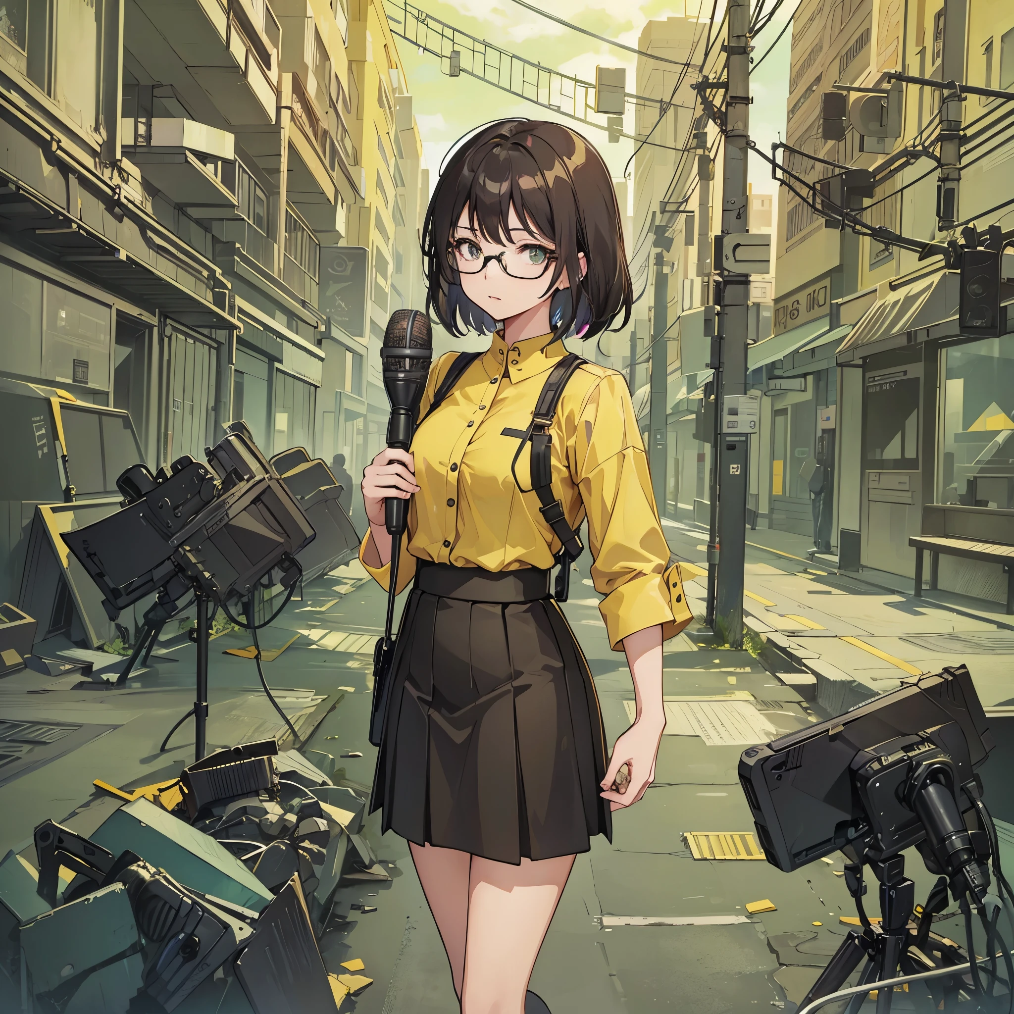 A beautiful female reporter，Wearing business attire，Yellow top，black skirt，wear glasses，Holding a microphone and reporting the news，The environment behind is a murder scene surrounded by a cordon.。Medium shot composition，full body pictures，color，Anime illustration style，HD，4K。