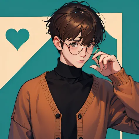 shy male, slim, nerdy boy, shy, weakling, round glasses, embarrassed, brown hair, mysterious, sweater, hair over eyes, sweet, sm...