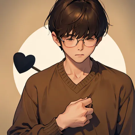 shy male, slim, nerdy boy, shy, weakling, round glasses, embarrassed, brown hair, mysterious, sweater, hair over eyes, sweet, sm...