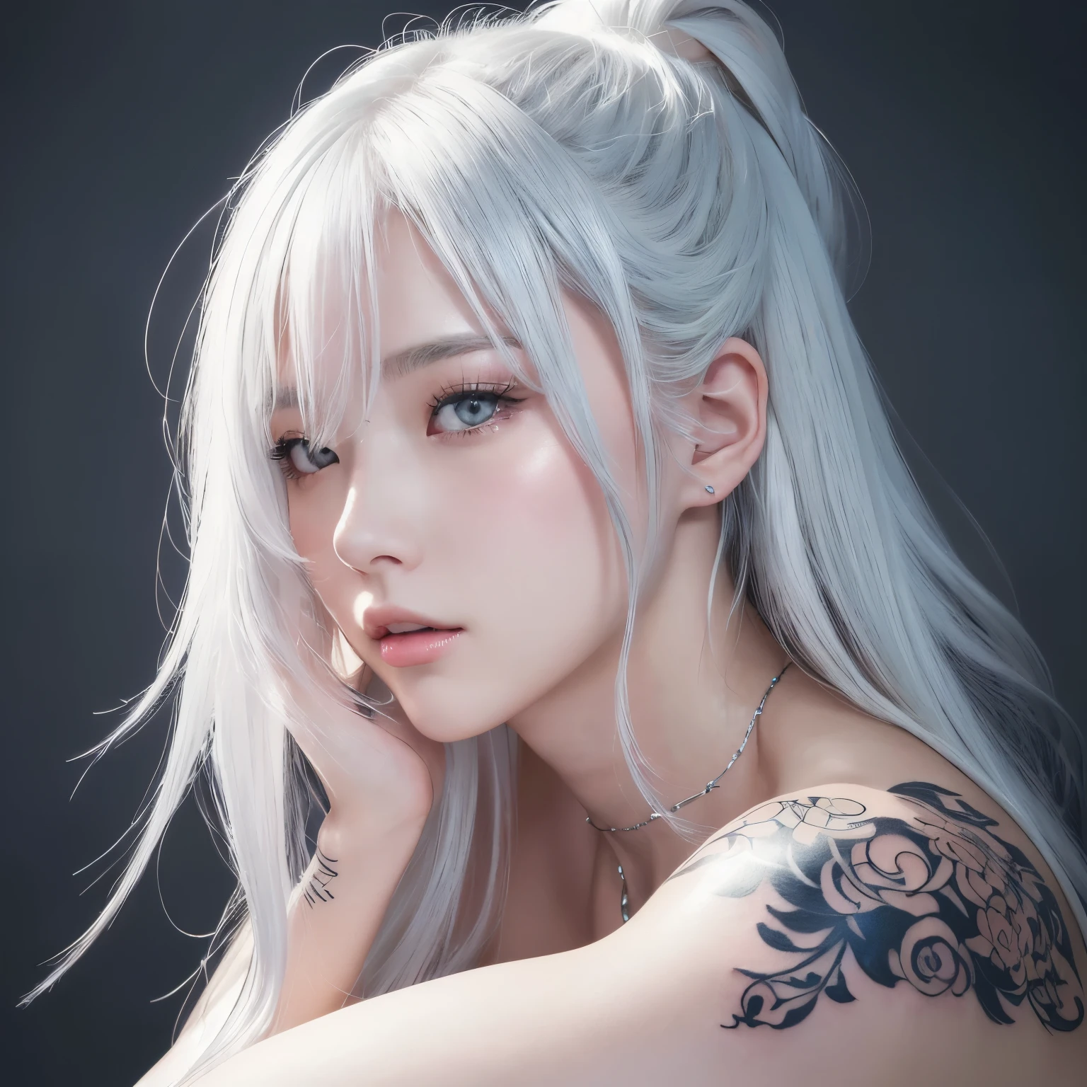 Anime Style、white skin、white hair、upward facing eyes、Large and conspicuous、dark、female、高周波のdetailed (((sharpness))))、((sharp focus: 1.2)face_V1:0.7)hand、Well drawn legs、Expose breasts、(Work - Work - Masterpiece: 1、2)、High resolution、オリジナルのHigh resolutionの最高の壁紙。 detailed: Tattoo Artist、Tattoo Artistに扮した、Arm full of tattoos、tattoo on arm、arm with tattoo、Tattooed arm、Tattooed chest、Tattooed neck