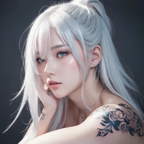 anime style、white skin、white hair、upward facing eyes、large and conspicuous、dark、female、高周波のdetailed (((sharpness))))、((sharp foc...