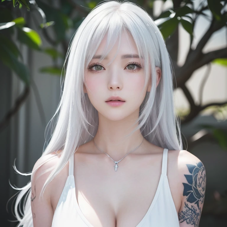 Anime Style、white skin、white hair、upward facing eyes、Large and conspicuous、dark、female、高周波のdetailed (((sharpness))))、((sharp focus: 1.2)face_V1:0.7)hand、Well drawn legs、Expose breasts、(Work - Work - Masterpiece: 1、2)、High resolution、オリジナルのHigh resolutionの最高の壁紙。 detailed: Tattoo Artist、Tattoo Artistに扮した、Arm full of tattoos、tattoo on arm、Tattooed arm、Tattooed arm、Tattooed chest、Tattooed neck、Tank topを着ている、Tank top