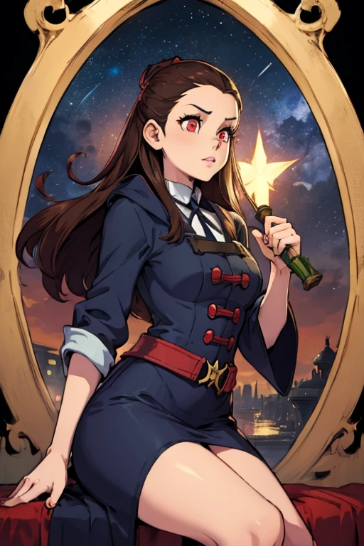 A brown haired female witch with red eyes with an hourglass figure in a conservative Victorian dress is watching the stars