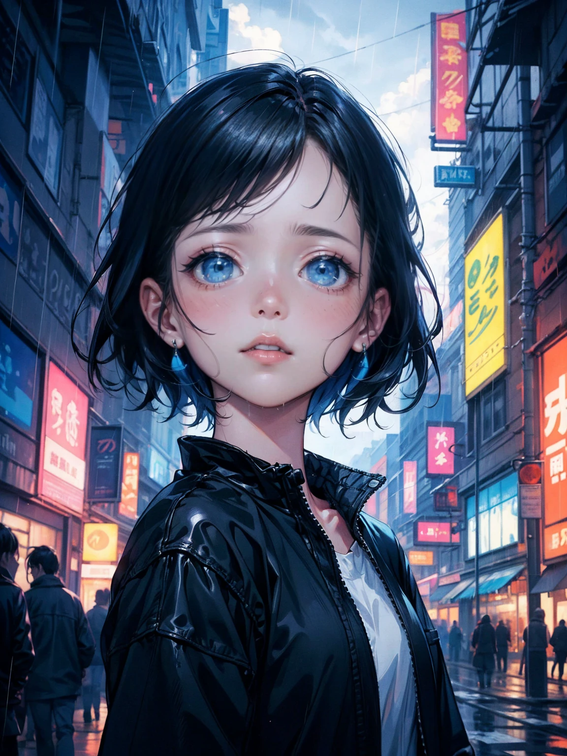 master painting，optimal quality，rain，adult woman，beauty、Very depressing，With short black hair，is crying，When I look up at the cloudy sky、Neon street in the background、Neon color is blue.