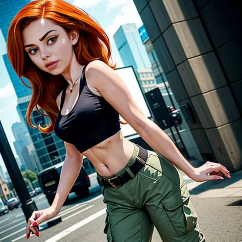 masterpiece, best quality, detailed face, kim possible, black tank top, midriff, cleavage, perfect hands, walking, cargo pants, ...