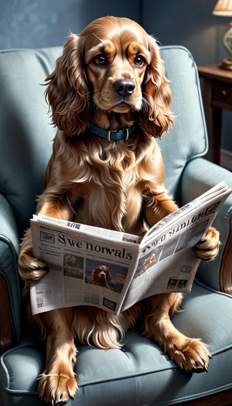 cute happy cocker spaniel, read newspaper, sit in a comfortable armchair,illustration,super detailed,realistic lighting,bright c...