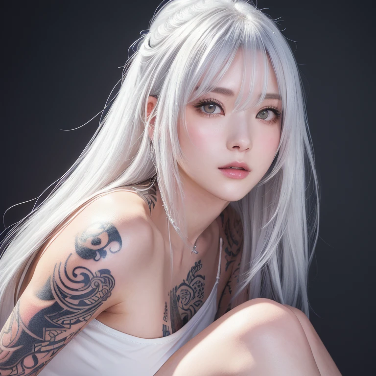 Anime Style、white skin、white hair、upward facing eyes、Large and conspicuous、dark、female、高周波のdetailed (((sharpness))))、((sharp focus: 1.2)face_V1:0.7)hand、Well drawn legs、Expose breasts、(Work - Work - Masterpiece: 1、2)、High resolution、オリジナルのHigh resolutionの最高の壁紙。 detailed: Tattoo Artist、Tattoo Artistに扮した、Arm full of tattoos、tattoo on arm、Tattooed arm、Tattooed arm、Tattooed chest、Tattooed neck、Tank topを着ている、Tank top