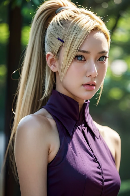 Real life adaption of this character,Asian teen beauty , realistic same hair, realistic outfit, realistic light, realistic shadow, hyper realistic, realism, realistic background,(photorealistic:1.2). Ino / Ino Yamanaka (Ino Yamanaka) / [Boruto: Naruto Next Generation, 1girl, full body, blonde hair, hair ornament, bare shoulders, closed mouth, green eyes, ponytail, hairclip, hair over one eye, best quality ,ultra Higd ,detail realistic ,sceneHDR pro