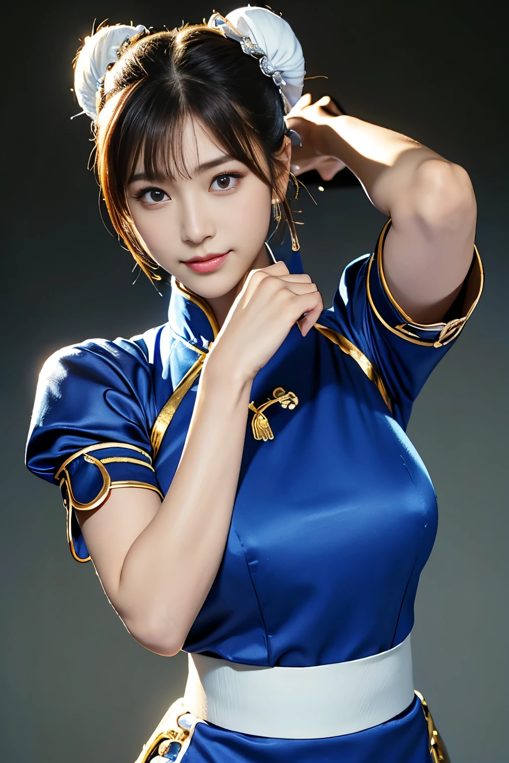 Chun-Li from Street Fight II,perfect chun li costume,blue cheongsam with gold lines,Bun head,Good cover,fighting pose,ハイkick,kick、raise your legs,masterpiece、1 beautiful girl、fine eyes、puffy eyes、highest quality, 超High resolution, (reality: 1.4), movie lighting、Japanese、asian beauty、Korean、super beautiful、beautiful skin、body turns forward、close up of face、(超reality的な)、(High resolution)、(8K)、(very detailed)、(美しくfine eyes)、(Super detailed)、 (wall-)、detailed face、bright lighting、professional lighting、looking at the viewer、Look straight ahead、slanted bangs、Nogizaka Idol、korean idol、masterpiece, highest quality, masterpiece, highest quality, perfect face, perfect brown eyes with white sclera, Bad move - 5, alone, 1 girl, Upper body, brown hair, From SF2, Chinese service, smile, muscular woman, blue clothes, pantyhose, pelvic curtain, Plump short sleeves, Good cover, sash, evaluation:safety