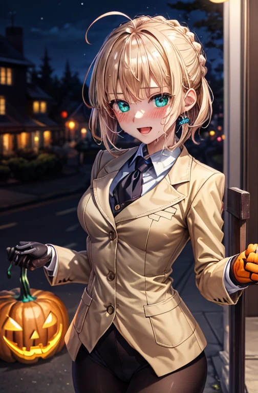 woman,14 years old,,city,night,(((Beige blazer school uniform))),open mouth smile,((baby girl body shape)), 1 girl, Artoria Pendragon,destiny,aphrodisiac,Lie,Things to know,full of sweat,Wet Area, Areol, defenseless,embarrassing,please be shy,Knead the milk,Emphasis on milk,Len,breast milk, Knight King,Noble,ring,既婚woman, Pointing straight up, (highest quality:1.1), (masterpiece:1.4), (absurd:1.0), Portrait, Close-up, 1 girl、Momoberia Deviluke、hair ornaments、bob cut、short hair、emerald blue eyeedium chest、looking at the viewer、(blush:1.2)、embarrassed look、Mesh pantyhose、black background、long gloves、((Pumpkin lantern)), Striped pattern,