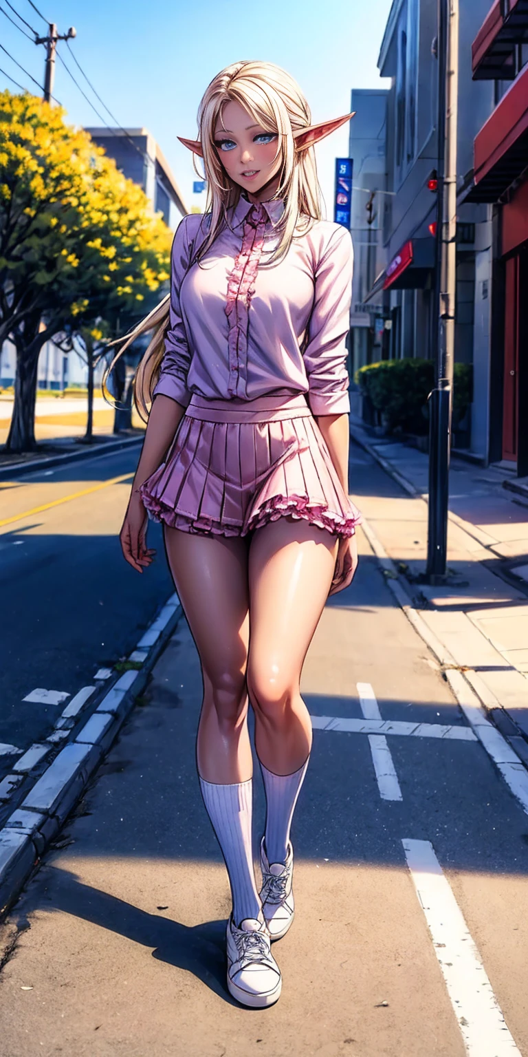 dark elf female, pirotess, full body, beautiful, (masterpiece:1.2), (best quality:1.2), Beautiful 10-year-old white girl with blue eyes, long swept-back straight blond hair, Happy), Pink and white frilly miniskirt, pink shirt, pink socks, white sneakers, California City background, daylight.