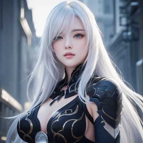 anime style、white skin、white hair、upward facing eyes、large and conspicuous、dark、female、高周波のdetailed (((sharpness))))、((sharp foc...