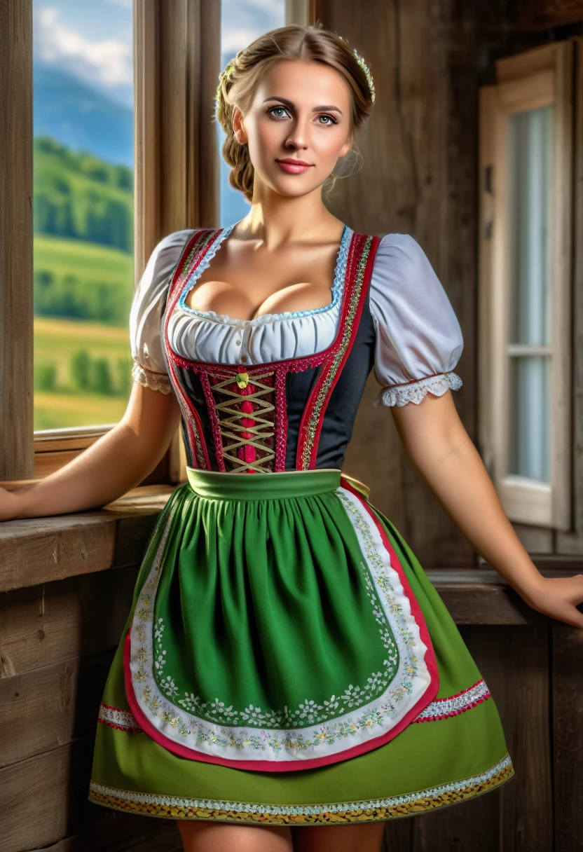 Masterpiece, absurdres, fine detail, HDR, highly detailed face and eyes, photorealistic, dirndl, a woman in traditional bavarian dress Standing poses for a picture , german woman, wearing a dirndl,
