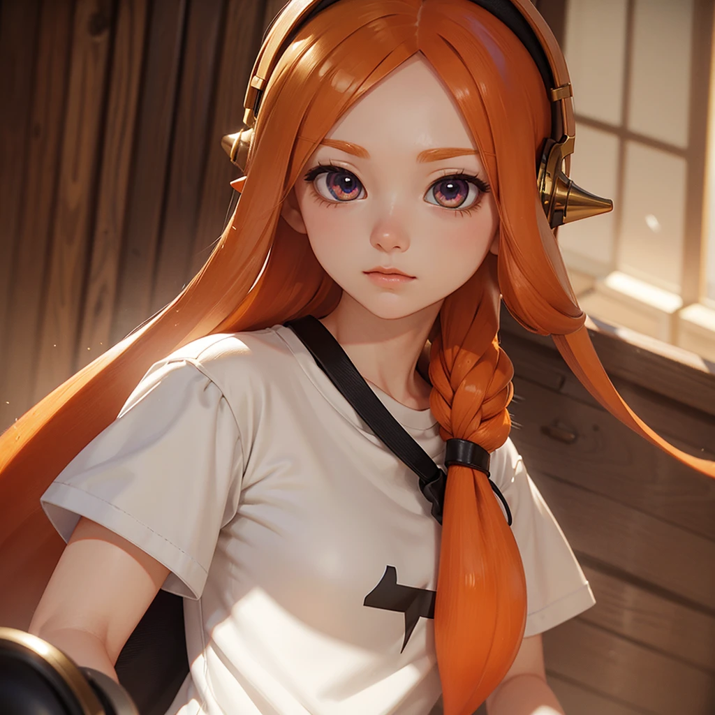 best quality, high quality, very high resolution, ultra detailed, 8k, hyper realistic, beautiful,  inkring, Almond-shaped eyes, headphone, orange color hair, very long hair, white T-shirt, black spats, town, Daylight