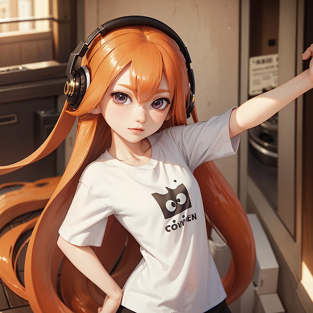 best quality, high quality, very high resolution, ultra detailed, 8k, hyper realistic, beautiful,  inkring, Almond-shaped eyes, headphone, orange color hair, very long hair, white T-shirt, black spats, town, Daylight