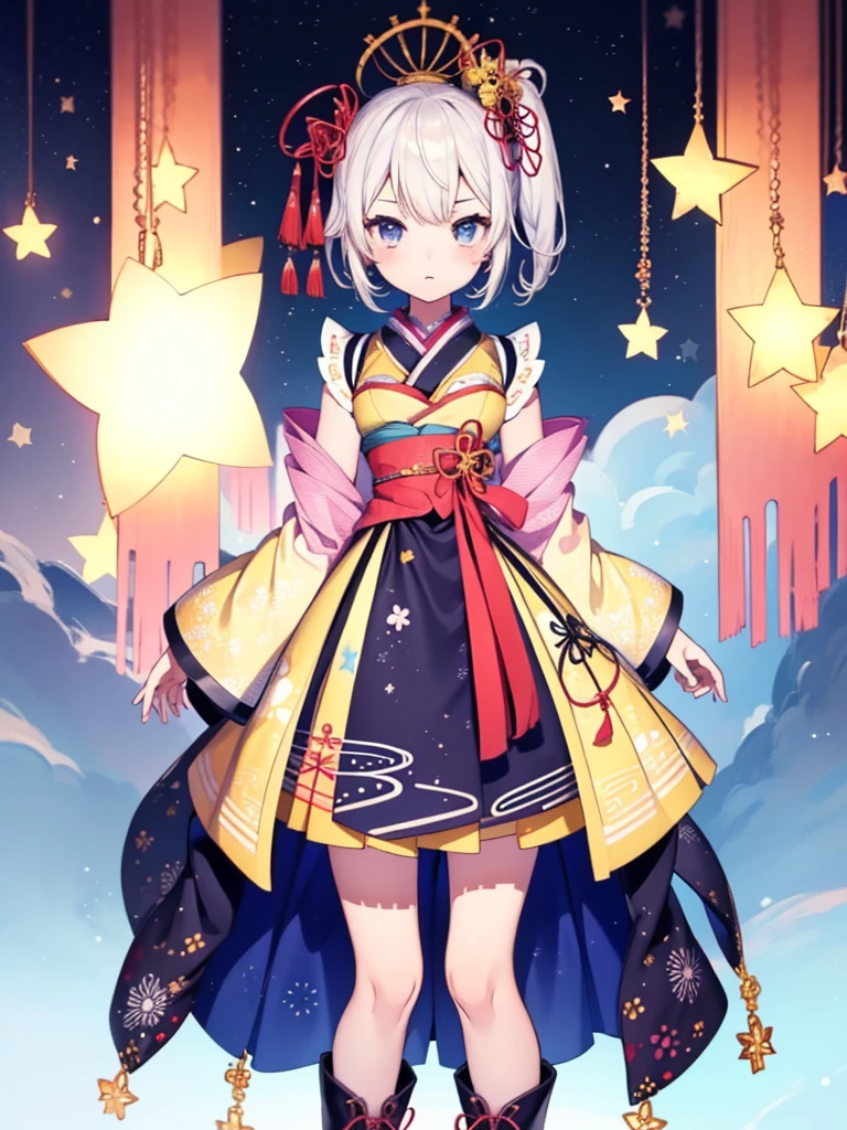 1girl、vtuber-fullbody、Star Fairy、masterpiece、official art、Super detailed、super beautiful、かわいいStar Fairy、white straight short hair、Milky Way、universe、star charm、Star、baby face、Knee-high boots、Japanese pattern dress、A beautiful girl wearing black and white clothes that are a remake of a yukata.、universeを思わせるOiranフリルドレス、Oiran