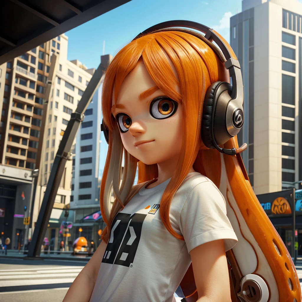 mejor calidad, alta calidad, muy alta resolución, ultra detallado, 8K, Híper realista, Hermoso, tinta de Splatoon, Ojos almendrados, auricular, orange color hair, cabello muy largo, camiseta blanca, polainas negras, ciudad, luz