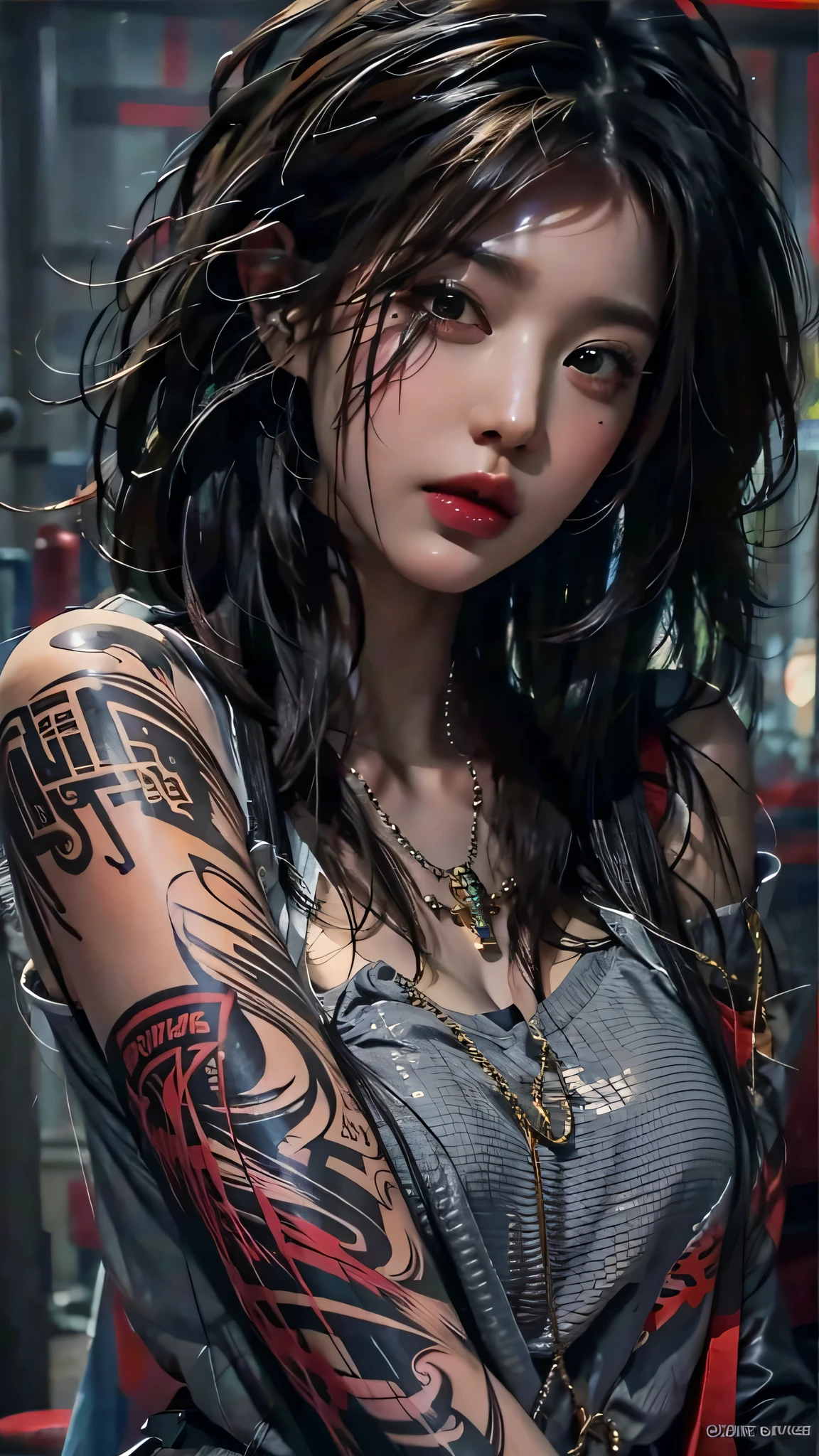 photorealistic, high resolution, soft light,1women, solo, hips up, (detailed face), jewelry, tattoo, dress mafia clothing, black hair, super long hair, looking viewers, tatto, messy hair, close up, small breast, adult