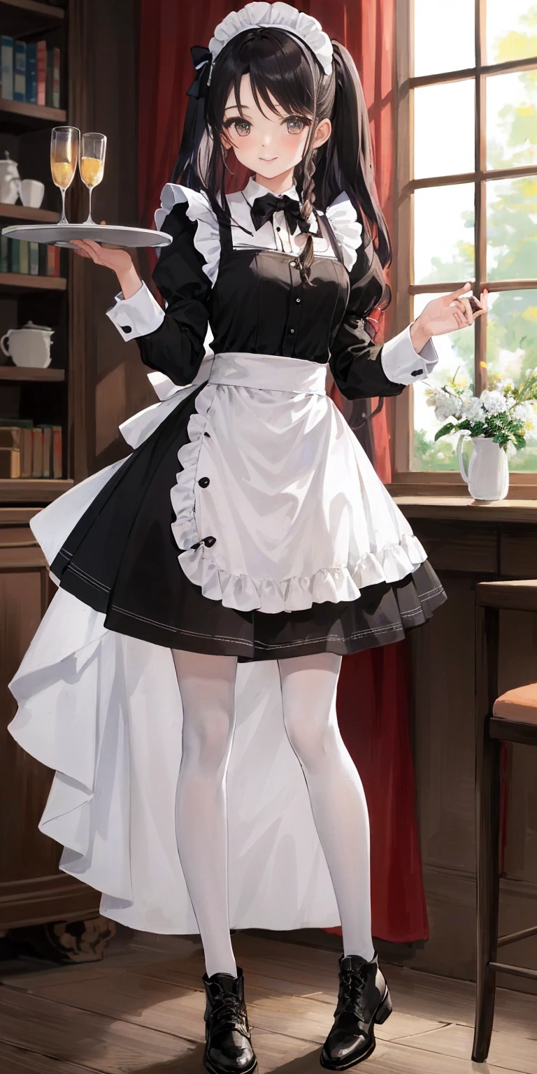 masterpiece full body standing straight symmetrical, lustful smirking smile face red blush red cheeks, looking at viewer, holding a tray, braid, maid headdress, maid, dress, apron, long sleeves, brown pantyhose, long leather militar boots, thighs, long white hair