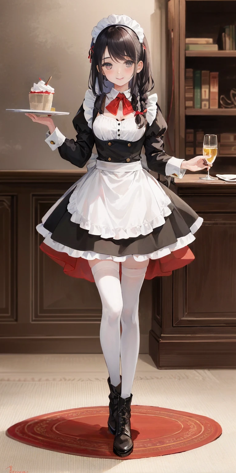 masterpiece full body standing straight symmetrical, lustful smirking smile face red blush red cheeks, looking at viewer, holding a tray, braid, maid headdress, maid, dress, apron, long sleeves, brown pantyhose, long leather militar boots, thighs, long white hair