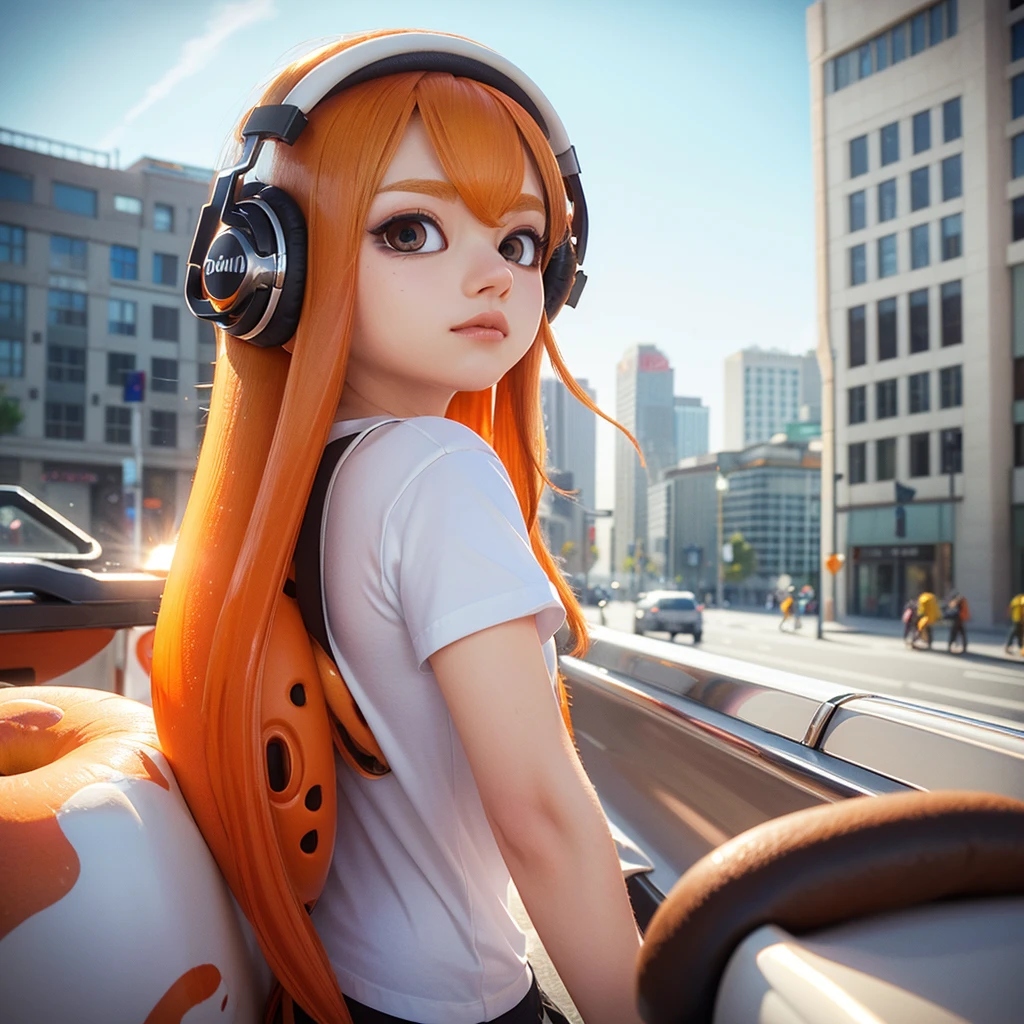 best quality, high quality, very high resolution, ultra detailed, 8k, hyper realistic, beautiful, splatoon inkring, Almond-shaped eyes, headphone, orange color hair, very long hair, white T-shirt, black spats, city, Daylight