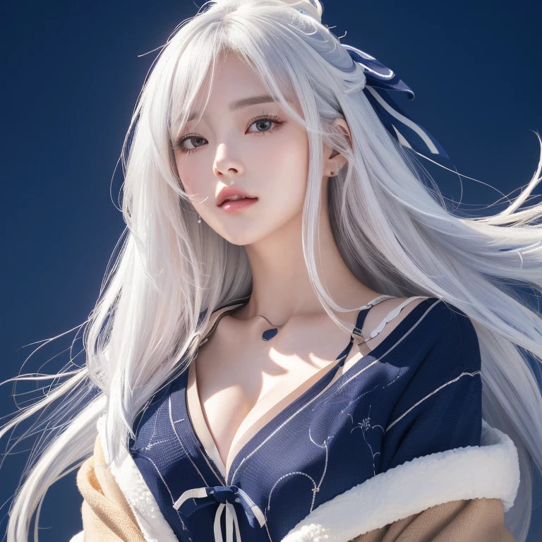 anime style、white skin、white hair、upward glance、Large and noticeable、Colorful gas expression、seductive big breasts、feminine、High-frequency detail (((sharpness))))、((sharp focus: 1.2) )、puerosface_ V1 : 0.7)、(8K、highest quality)、Very large chest light)))、beautiful lighting、非常にdetailedな顔、well drawn hands、Well drawn legs、Exposed chest、(作品 - 作品 -masterpiece:1、2) , Best High Quality Wallpaper、masterpiece、High resolution、Original high definition wallpaper。 detailed: casual、feminine、neck tattoo、feminineなブラックとブラウンのカット、Sesenec 、Continuous clothing、Layering、Beige sweatshirt、Sailor collar loose coat、Loose clothes taken off