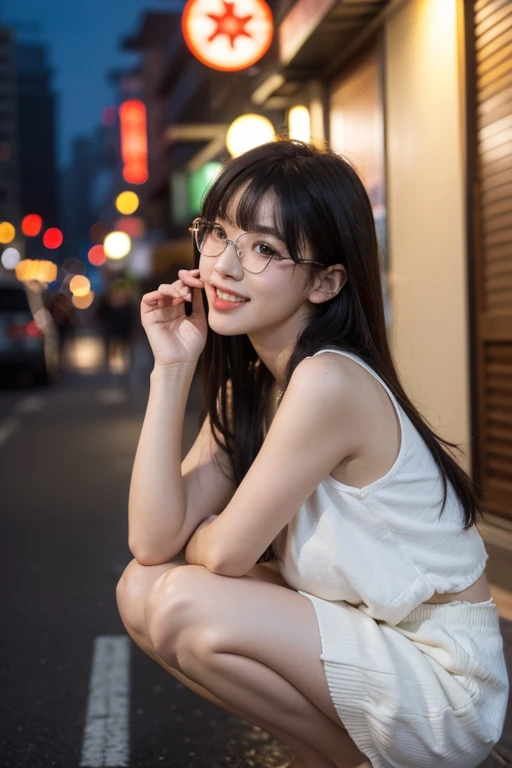 (masterpiece, highest quality, High resolution,8K, RAW images), A beautiful and simple 35 year old Japanese woman, Wearing glasses, Beautiful long shiny black hair, snappy bangs, shiny face, shiny skin, Depth of written boundary, chromatic aberration, caustics, natural shading,  kind, smile, Small devil,cute face, thighs, film grain, chromatic aberration, sharp focus, face light,  detailed face, background bokeh, huge breasts, slender body, Modest and feminine clothing, open mouth and stick out tongue, Back alleys of Shinjuku at night, full body portrait, Squat with your legs wide apart, I can see my crotch,Top-down angle