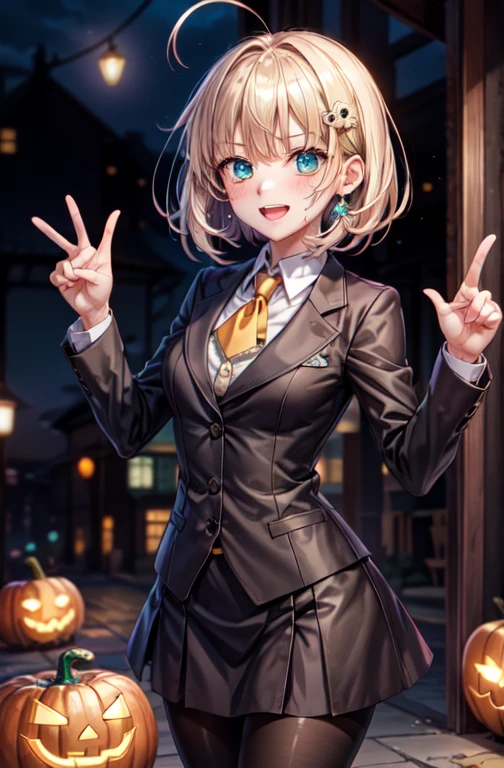 woman,14 years old,,city,(((Beige blazer school uniform))),open mouth smile, ((There are two stray hairs coming out of my head.)), ((美味しそうなhair ornaments)), ((baby girl body shape)), 1 girl, Artoria Pendragon,destiny,aphrodisiac,Lie,Things to know,full of sweat,Wet Area, Areol, defenseless,embarrassing,please be shy,Knead the milk,Emphasis on milk,Len,breast milk, Knight King,Noble,ring,既婚woman, Pointing straight up, (highest quality:1.1), (masterpiece:1.4), (absurd:1.0), Portrait, Close-up, 1 girl、Momoberia Deviluke、hair ornaments、Beautiful bob cut、beautiful short hair、emerald blue eyeedium chest、looking at the viewer、(blush:1.2)、embarrassed look、Mesh pantyhose、black background、((Pumpkin lantern)), Striped pattern, ((Has a troubled look)), ((There are Western-style sweets everywhere.)), ((V sign)), ((cute gesture))