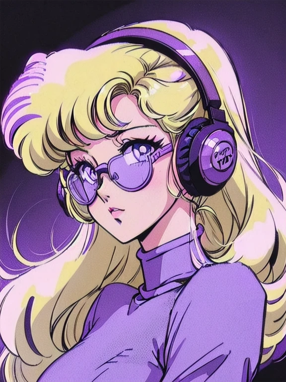 (Blonde Barbie:1.2),(Jahrgang 90er Jahre:1.1),(Romantik im Anime-Stil:1.3), weiße Gläser, Kopfhörer, dark cyberpunk, Dystopie, dunkles Farbschema mit schwarzem und violettem Hintergrund, Lockige haare, lila Rollkragen