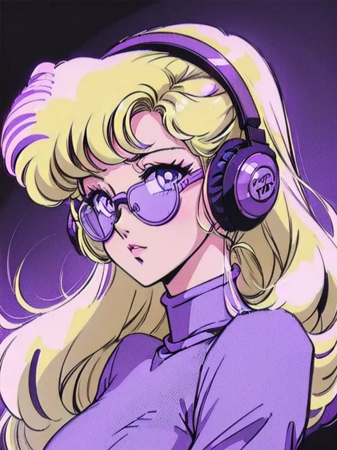 (Blonde Barbie:1.2),(vintage 90's:1.1),(romance anime style:1.3), white glasses, headphones, dark cyberpunk, dystopia, dark colo...