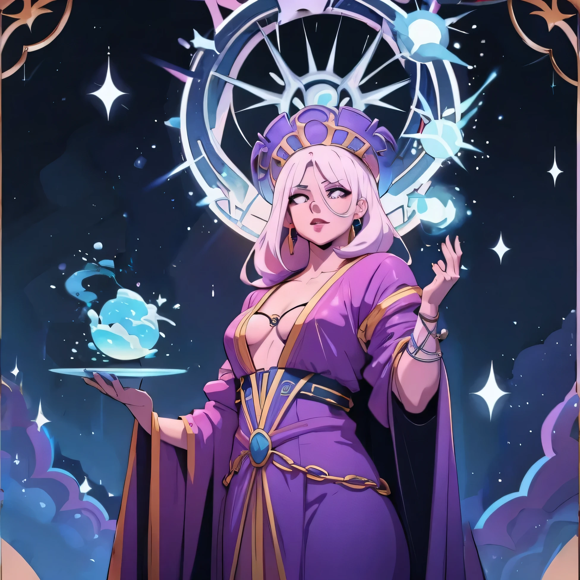 a poster of a woman in a pink dress holding a wand, I will tear from the overlord, Arcane art style, dueling style, omen from valorant, evil sorcerer, handsome dream demon, Demonic robes, will tear the fallen blood, noble demon character design, black magician girl, paleta de colores hyper light drifter