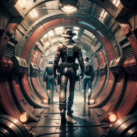 1 man，Space station corridor，future technology，West cowboy，motorcycle，revolver，Cowboy hat