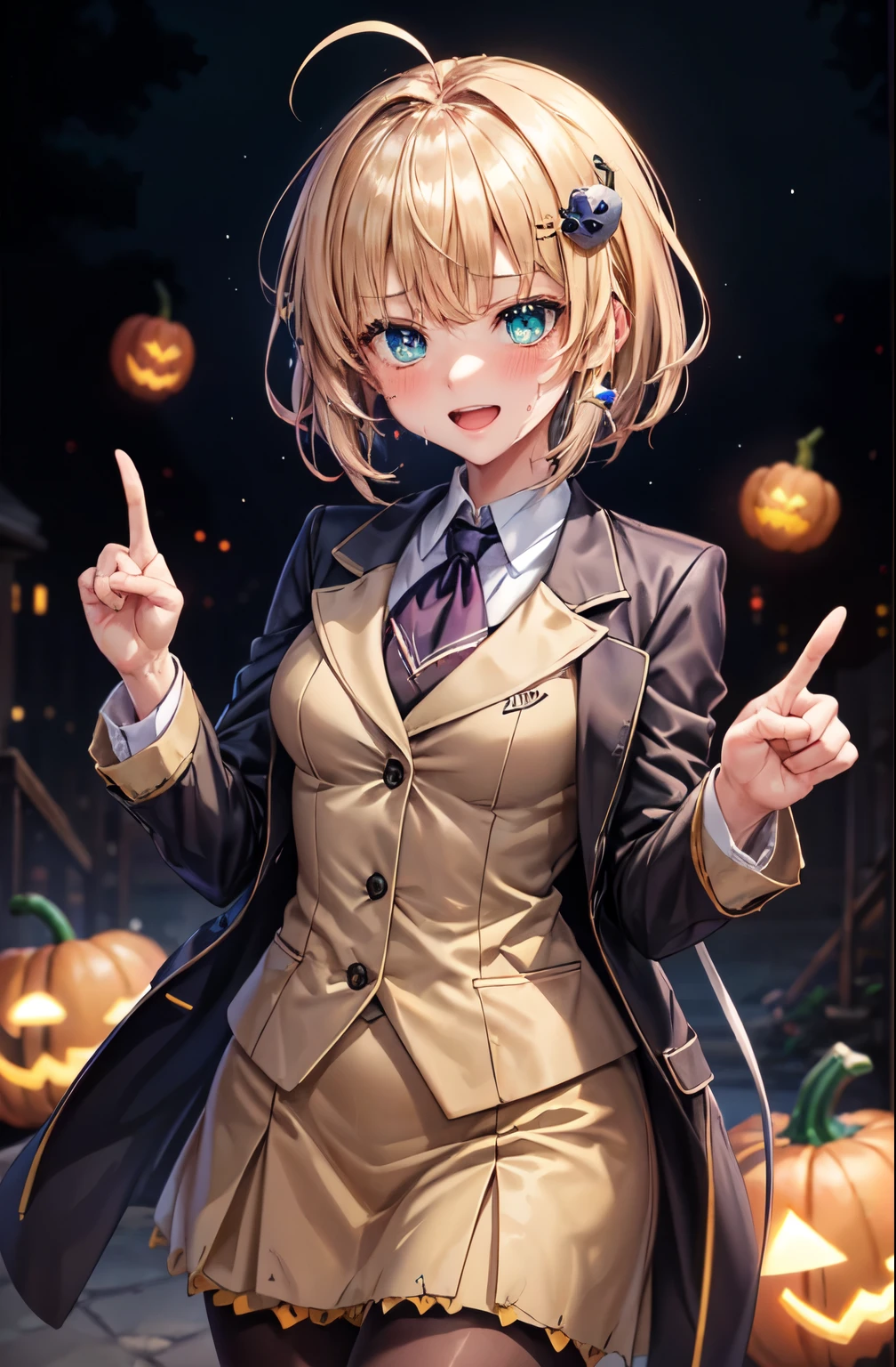 woman,,,city,night,(((Beige blazer school uniform))),open mouth smile, ((There are two stray hairs coming out of my head.)), ((Delicious Cookie Hair Ornaments)), ((baby girl body shape)), 1 girl, artoria pendragon,destiny,aphrodisiac,Lie,Things to know,full of sweat,Wet Area, Areol, defenseless,embarrassing,please be shy,Knead the milk,Emphasis on milk,Only,breast milk, Knight King,noble,ring,Married woman, Pointing straight up, (highest quality:1.1), (masterpiece:1.4), (absurdes:1.0), Portrait, Close-up, 1 girl、Momoberia Deviluke、hair ornaments、Beautiful bob cut、beautiful short hair、emerald blue eyeedium chest、looking at the viewer、(blush:1.2)、embarrassed look、Mesh pantyhose、black background、((Pumpkin lantern)), Striped pattern, ((Has a troubled look)), ((There are Western-style sweets everywhere.)), ((V sign)), ((cute gesture))