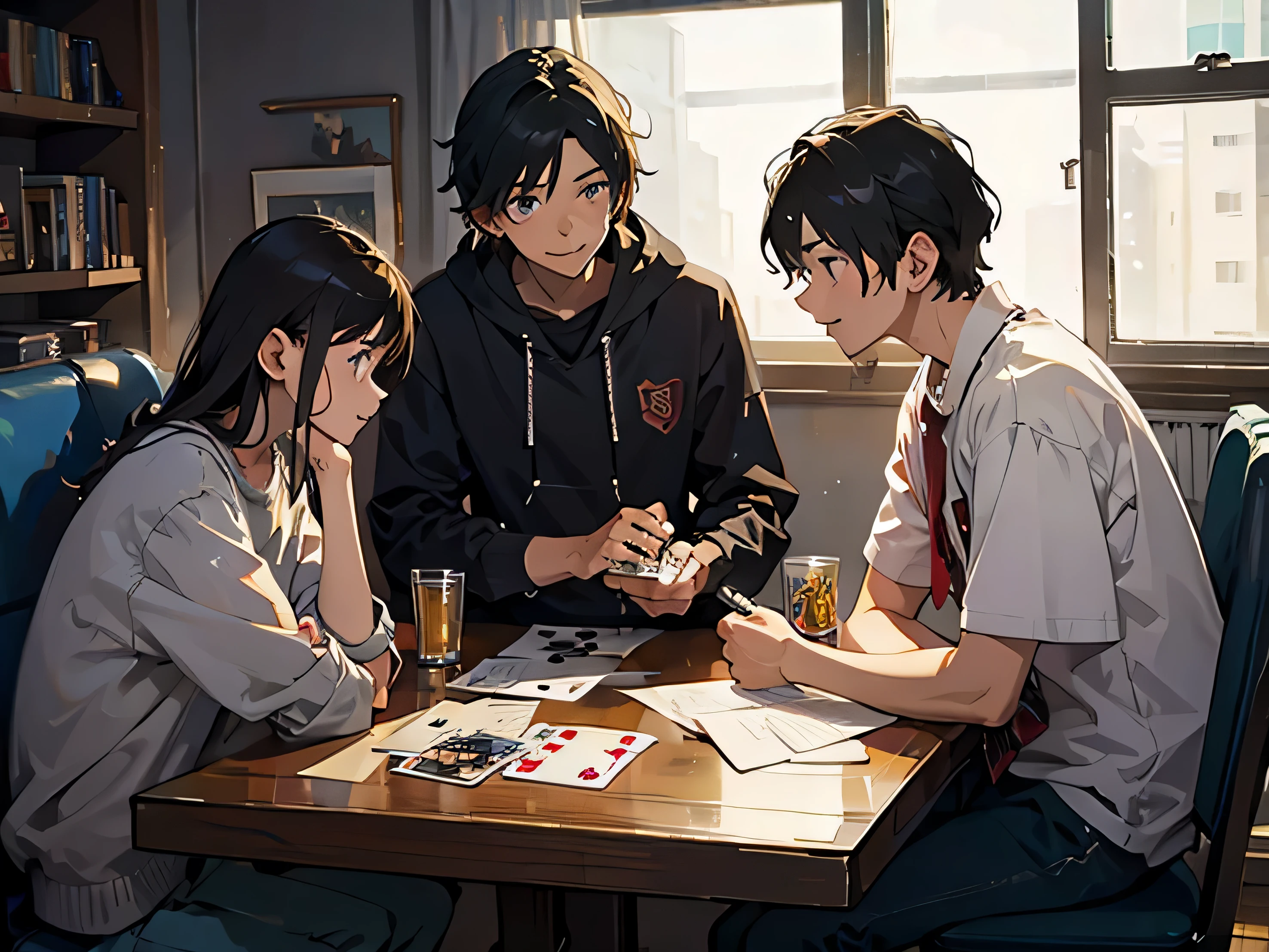 ((highest quality)), ((masterpiece)), (be familiar with), Teenage boy playing card games with friends,casual,smile,three people