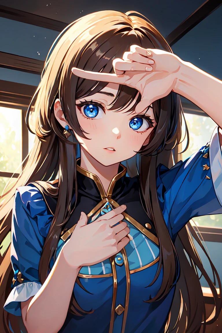 masterpiece、High resolution、high quality、delicate、ultra High resolution、8K、1 female、brown hair、long hair、blue eyes、thick lips、blue dress、perfect hands
