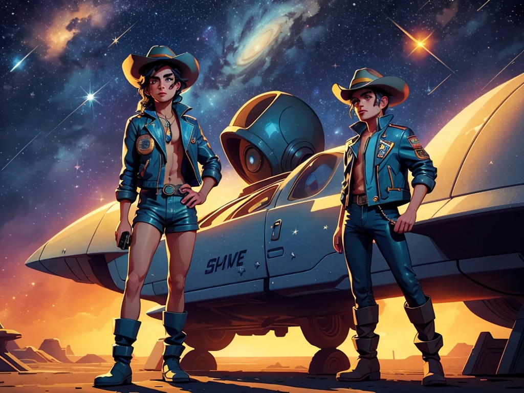 a cowboy in space,detailed facial features,expressive eyes and lips,cowboy hat,leather jacket and boots,dual handguns,cool and confident expression,expansive starry sky scene,worn and dusty spaceship,retro futuristic art style,vibrant colors and warm tones,dramatic lighting and shadows