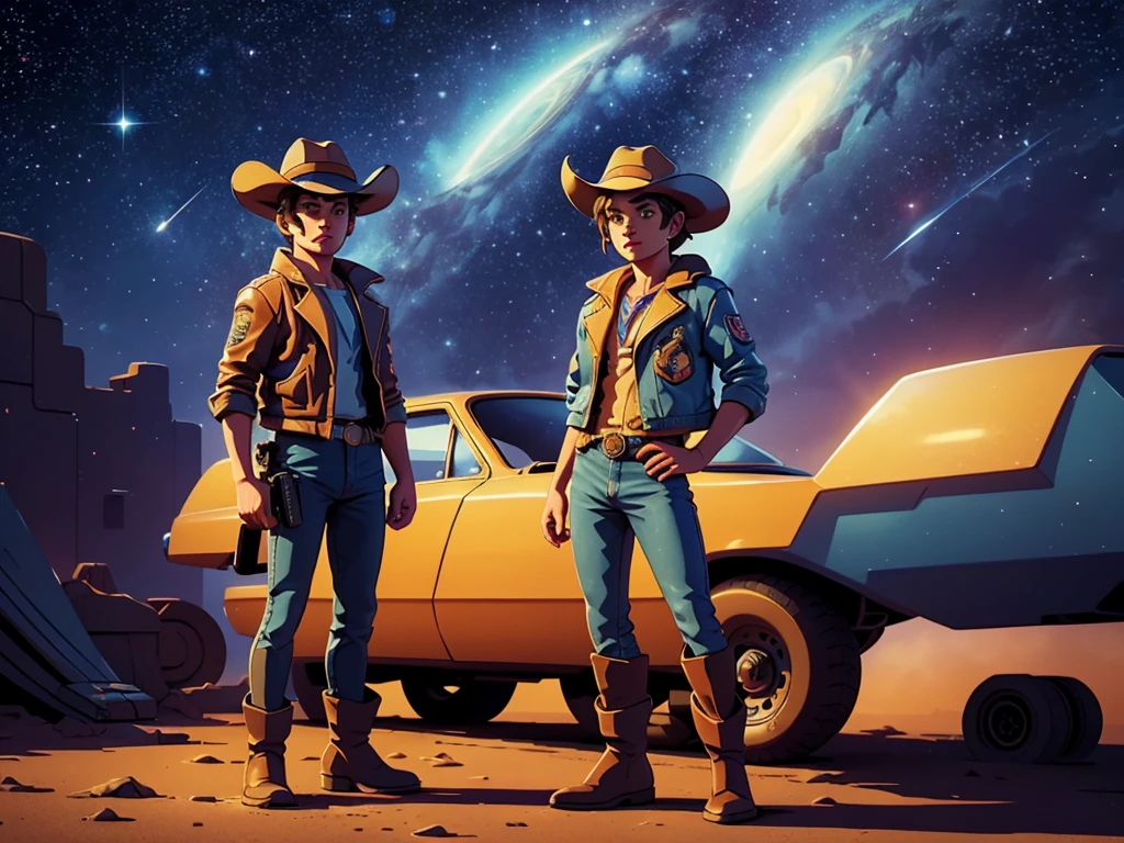 a cowboy in space,detailed facial features,expressive eyes and lips,cowboy hat,leather jacket and boots,dual handguns,cool and confident expression,expansive starry sky scene,worn and dusty spaceship,retro futuristic art style,vibrant colors and warm tones,dramatic lighting and shadows