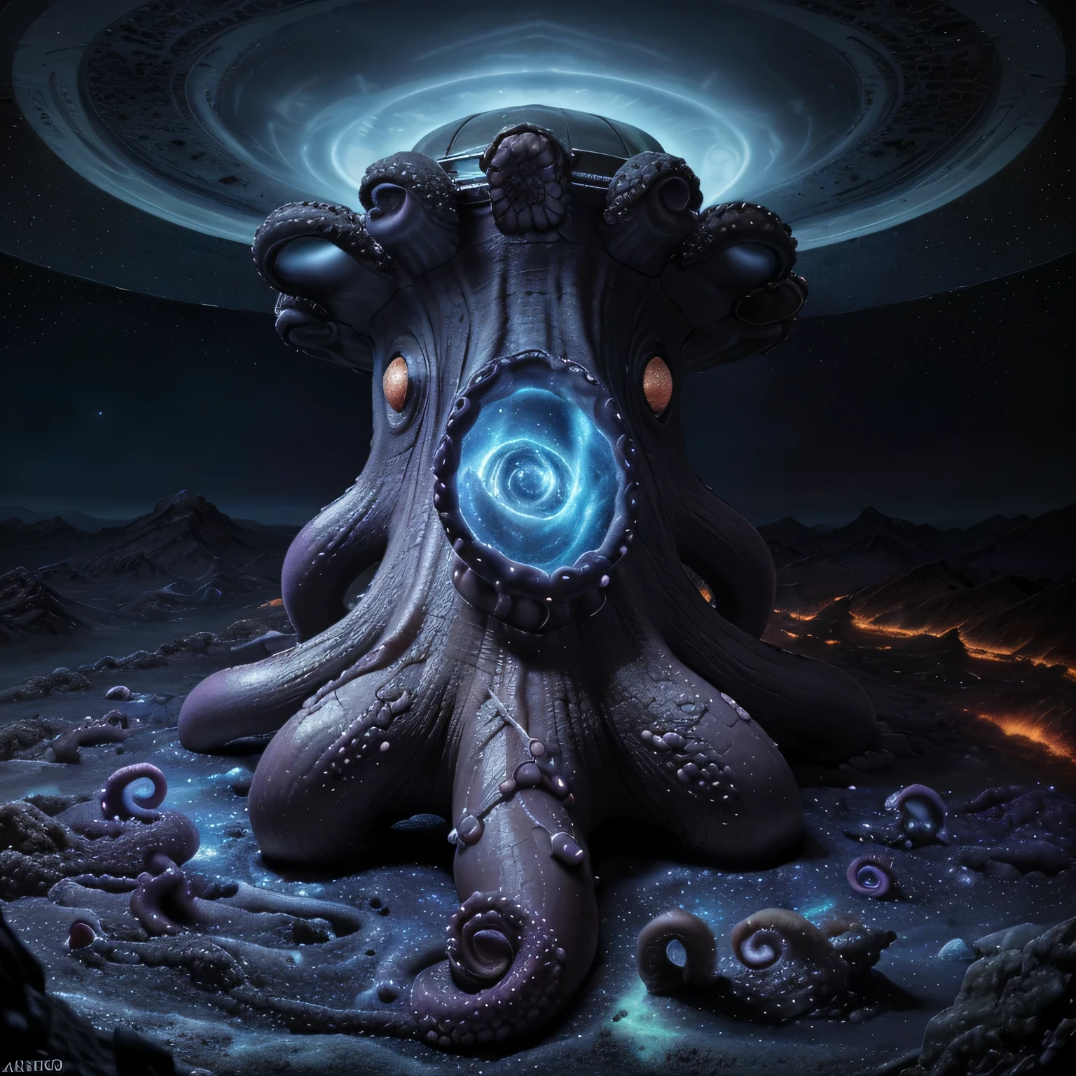 Cosmic majestic octopus  with a tatoo number 8, #8, realist, masterpiece, 8k, cosmic void, terror, genesis, apocalypse, armagedon, full art, magical, dark fantasy, insane, unique