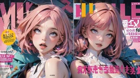masterpiece:1.2, best quality), (magazine cover), (colorful Magazine cover with lots of text), brilliant colorful paintings, Comic cover style, (best quality, highres:1.2), 1girl, beautiful detailed eyes, (((pink hair))), beautiful detailed lips, extremely...